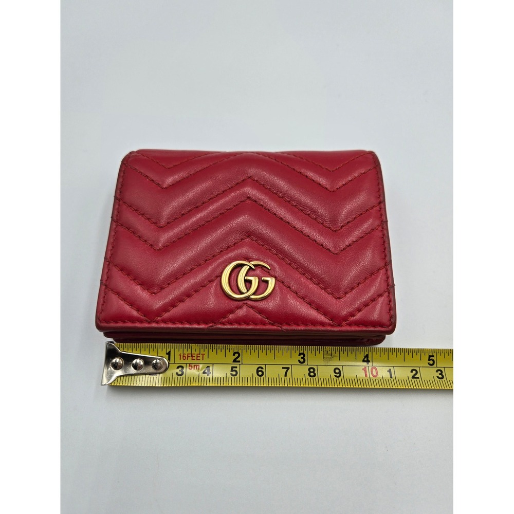 Gucci Marmont Red Leather Card Case Wallet Chevron Bifold Authentic - Picture 9 of 12